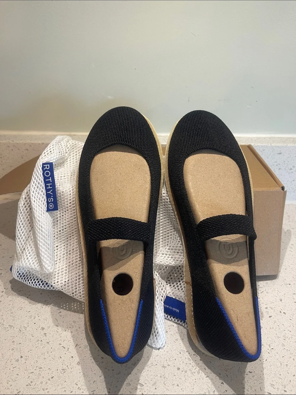 Rothy's Black Knit Mary Jane Flats with Blue Trim